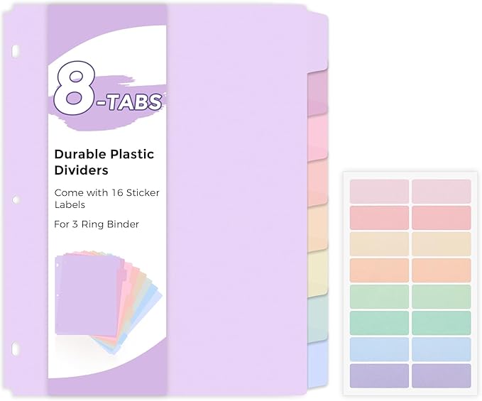 SKYDUE Durable Plastic 8-Tab Dividers, Big Tab Dividers for 3 Ring Binder, Write & Erase 3 Ring Binder Dividers with Tabs, with Sticker Labels, 1 Set, Pastel Color (Purple)