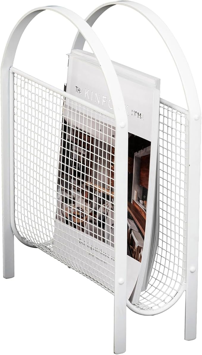 MyGift Mid-Century Design Magazine Rack, Matte Black Tone Metal Mesh Freestanding Magazine Organizer Holder Sling (White)