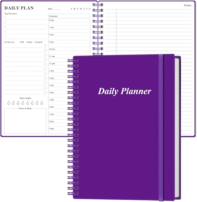 Daily Planner Undated - B5 To Do List Notebook Hourly Schedules, Spiral Appointment Planner for Women and Men, PVC Hardcover, Inner Pocket, Elastic Closure, 7" x 10", Purple