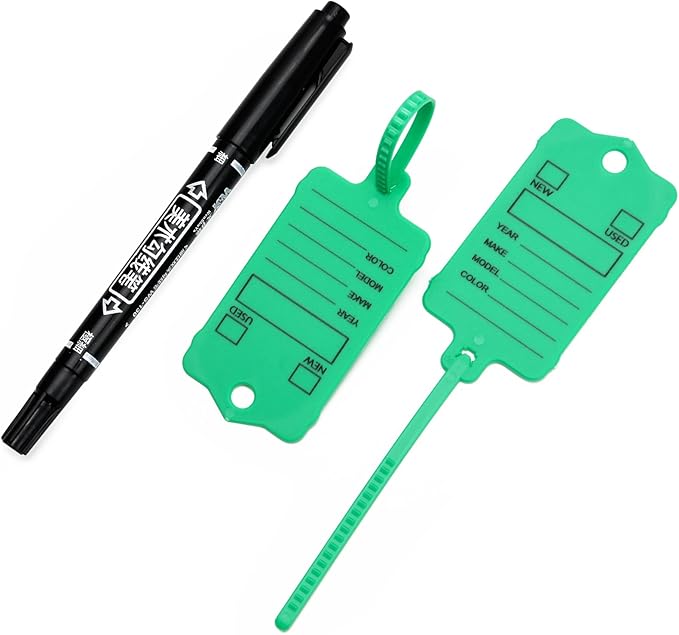 50 Car Key Tags with Labels Plastic Car Dealership Key Tags Self Locking Automotive Identifiers Blank Shop Labels with One Pen (Green)