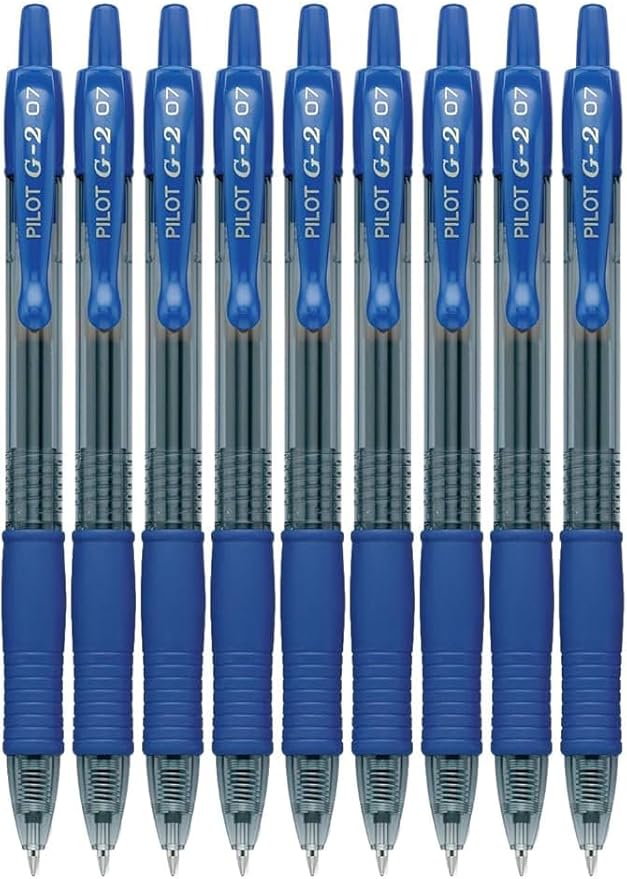G2 Retractable Premium Gel Ink Roller Ball Pens Fine Point Fine Point (.7mm) Blue Ink 9-pk; Refillable & Premium Comfort Grip Bundle with Plastic Reusable Pouch