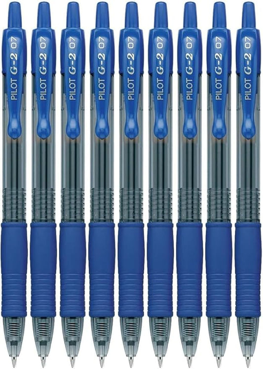 G2 Retractable Premium Gel Ink Roller Ball Pens Fine Point Fine Point (.7mm) Blue Ink 9-pk; Refillable & Premium Comfort Grip Bundle with Plastic Reusable Pouch