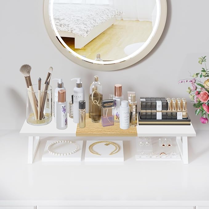 TEAMIX Dual Monitor Riser with Metal Leg, 31.5 inch Long Monitor Stand Riser Wide TV Stand Riser White Monitor Stand for 2 Monitors Wood & Steel Desktop Riser for Home Office Desk Organization