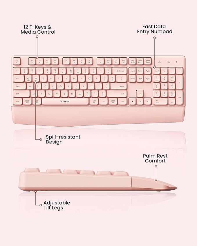 seenda Bluetooth Keyboard and Mouse, COE200 USB + Bluetooth Multi Device, Ergonomic Keyboard Mouse Set, Full-Size Wireless Combo Compatible for Mac OS/Windows PCs Computers Laptops MacBooks - Pink