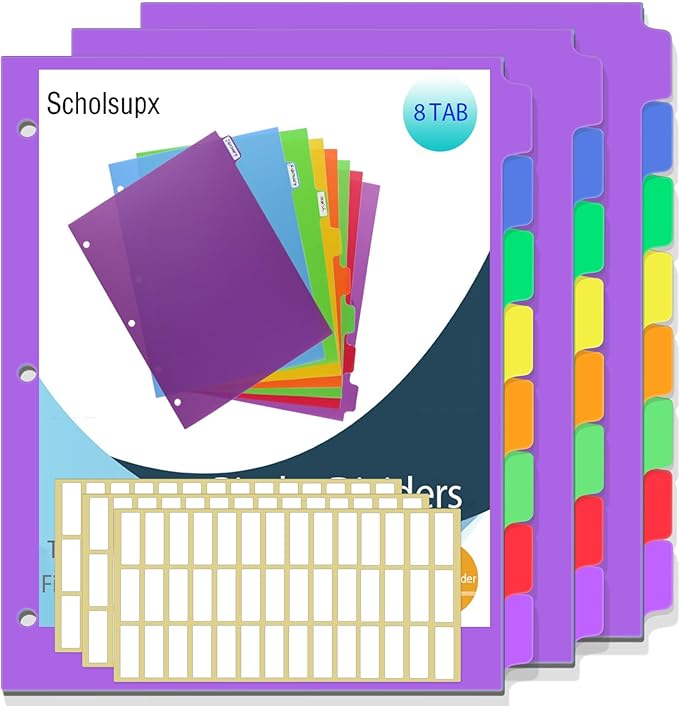 Binder Dividers for 3 Ring Binder, 8 Tab Set, Durable Plastic Dividers with Tabs for Letter Size, Colorful Notebook Dividers for for Office, School