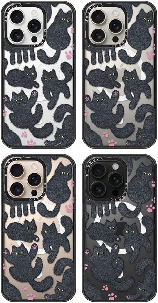MOSNOVO Magnetic Case for iPhone 16 Pro, 10ft Military-Grade Protection, Compatible with Magsafe, Shockproof Phone Case for iPhone 16 Pro - Black Fluffy Cat - Clear Black