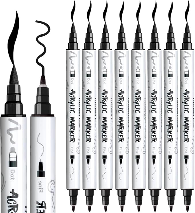 TRANSON 8 Pack Black Brush and Fine Dual-tip Acrylic Paint Marker for DIY Glass Canvas Wood Leather Ceramic Rock Painting