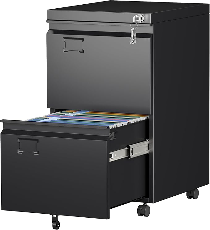 Aobabo 2 Drawer File Cabinet with Wheels, Lockable Metal Filing Cabinet with Business Card Slot for Legal/Letter Size Home Office, Required Assembled,Black