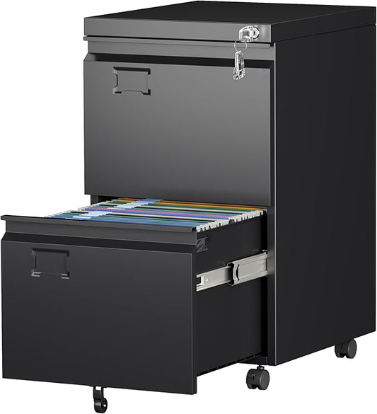Aobabo 2 Drawer File Cabinet with Wheels, Lockable Metal Filing Cabinet with Business Card Slot for Legal/Letter Size Home Office, Required Assembled,Black