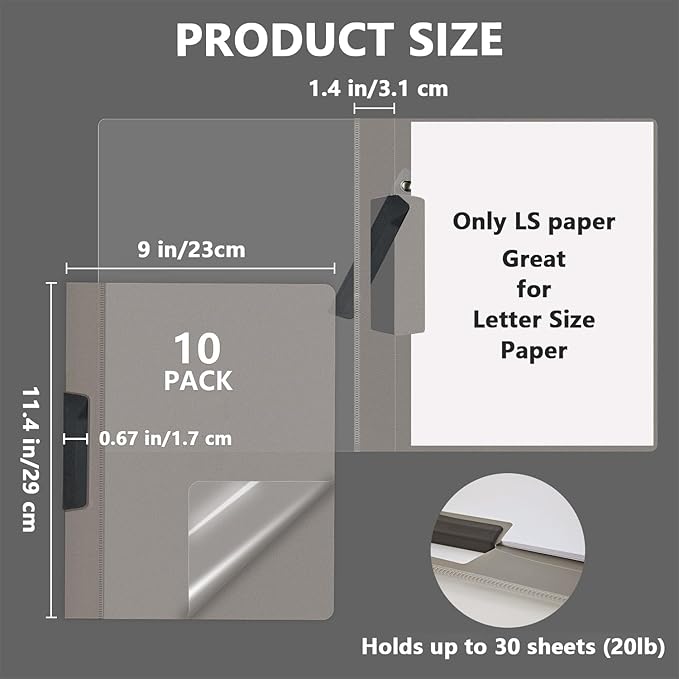 TOTiyea 10 Pack Clear Report Covers with Swing Clip, File Folder with Swing Clip, 30 Sheets Capacity, Slide Locking Report Covers, Letter Size (Grey, 10 Pack)