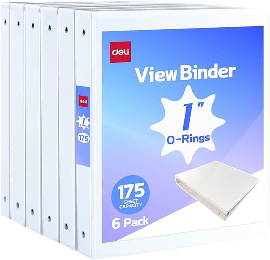 Deli 1-inch 3 Ring Binder with 2 Interior Pockets, 175 Sheets Capacity, 1 inch Binders fits 11" x 8.5" US Letter Size, White, 6 Pack