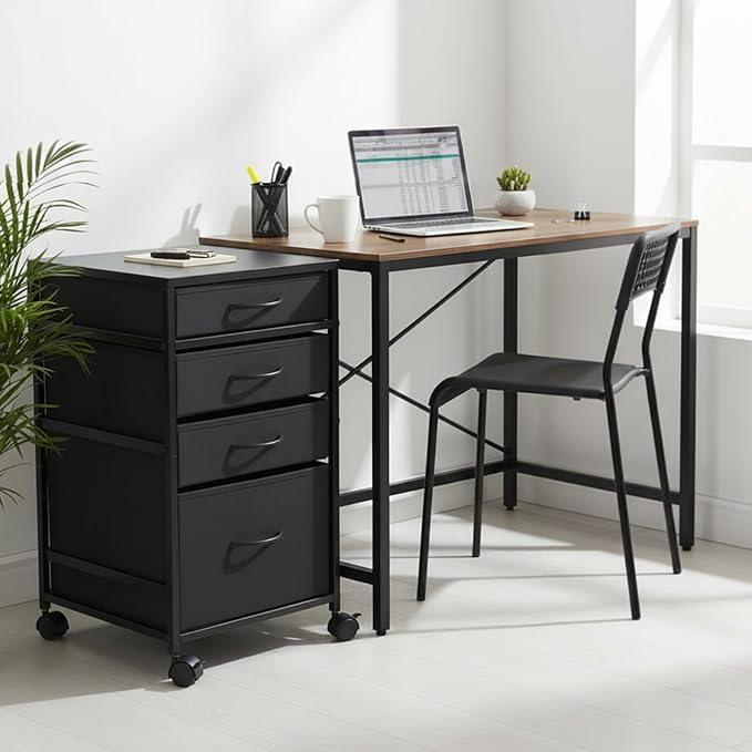 Chunful 4 Drawer Rolling File Cabinet Mobile Printer Stand Metal Cart with Fabric Vertical Filing Chest Wheels A4 Letter Size Under Desk Utility Craft Storage Organizer for Home Office (Black)