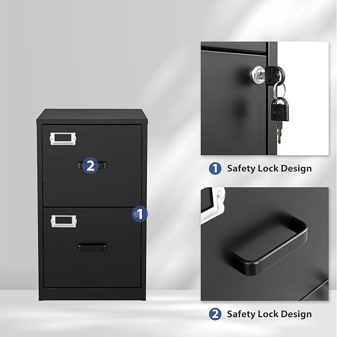 2 Drawer File Cabinet with Lock,Black Metal Vertical File Cabinets for Letter Size, Filing Cabinets for Home Office, Under Desk File Cabinet, Easy Assemble