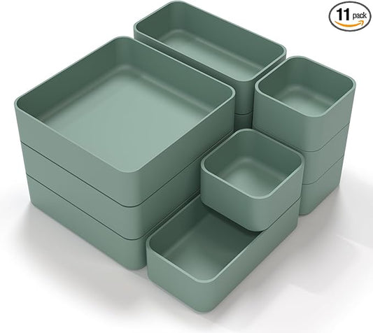 CHANCETSUI 11-Piece Stackable Drawer Organizer Set, Multi-size Desk Drawer Organizer Trays Vanity Storage Bins for Storing Makeup, Stationery, Utensils in Bathroom Dresser, Office and Kitchen