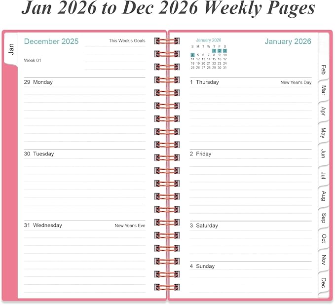 2026 Pocket Planner/Calendar - 2026 Planner from January 2026 - December 2026, Planner 2026 with 12 Tabs, Twin-Wire Binding, Inner Pocket, 3.75" x 6.75, Pink