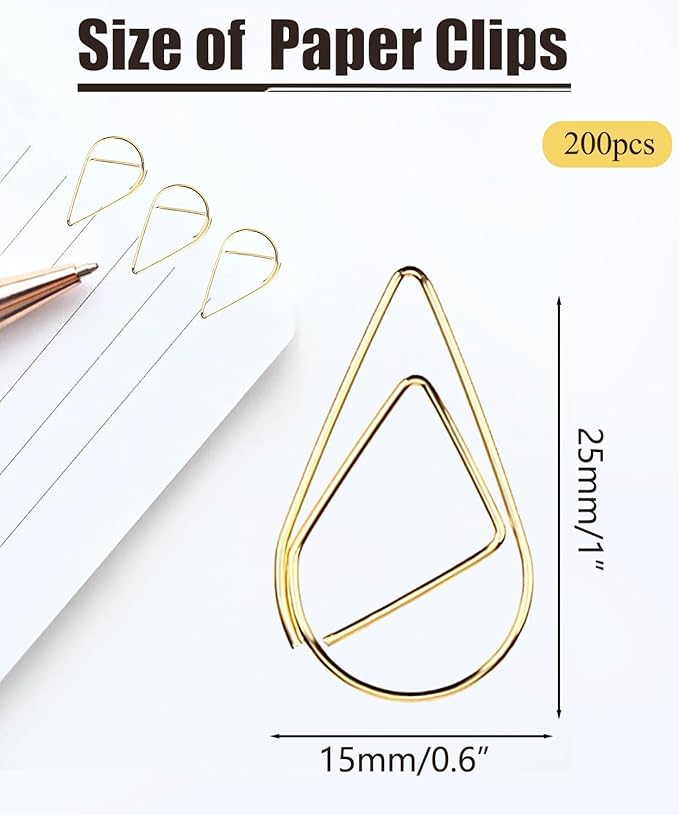 200 Pcs Teardrop Paper Clips Bulk,Stainless Steel Rust-Resistant Paperclips for Wedding Invitations, 3X Stronger Hold with Mirror Polish (Gold, 1inch)