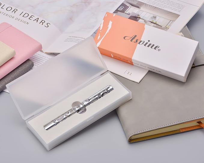 Asvine V169 Vacuum Filling Fountain Pen Medium Nib, Water Drop Skeleton Transparent Clear Acrylic Pen Case Set