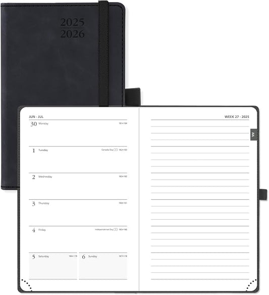 POPRUN Planner 2025-2026 Weekly Notebook for Purse(Pocket Size 4''x 6.25'') Small Academic Calendar (JUL.25 - JUN.26) with Monthly Tabs, Leather Soft Cover, Inner Pocket, 100 GSM - Black