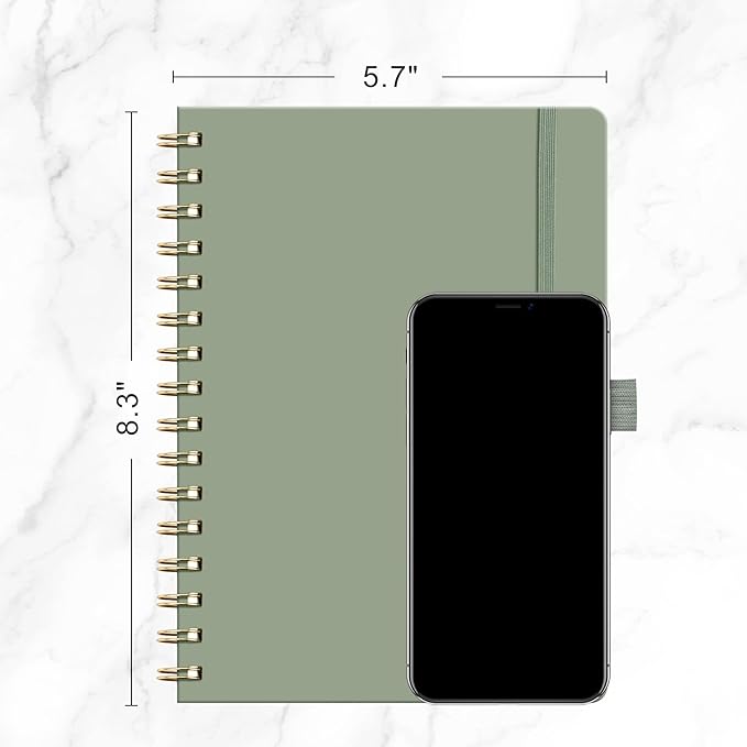 RETTACY Lined Journal Notebook, 140 Numbered Pages, A5 Medium Size (5.7'' x 8.3''), for Men & Women, Journaling, Writing, Work & Office, Spiral-bound, Hardcover, 100 GSM Thick Paper (Light Green)