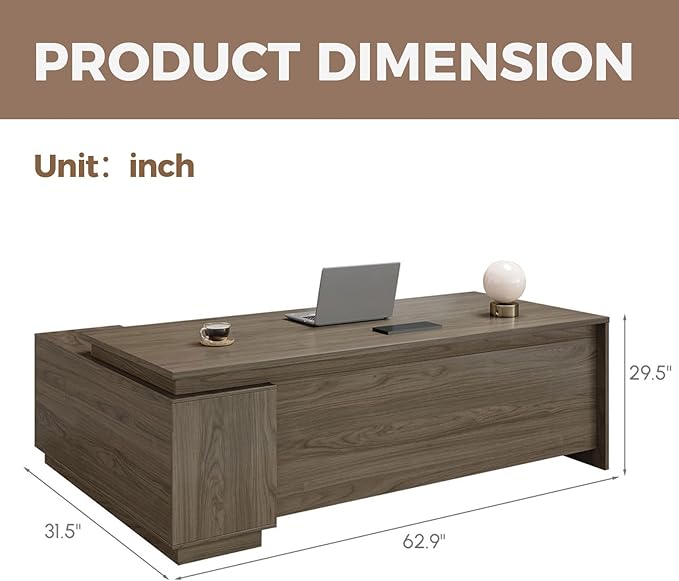 Executive Office Desk with Reversible Cabinets, Lockable Drawers, Cable Box & Privacy Panel – Modern Wood Grain Desk for Home Office or Business Use(Black Walnut,63" L*32" W*30" H)