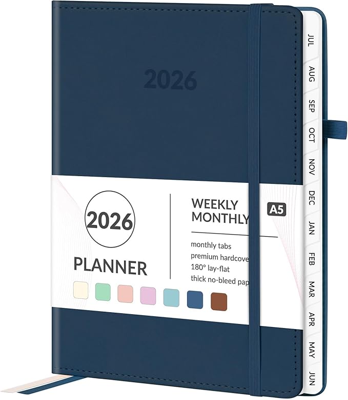 Forvencer 2026 Planner, Weekly Monthly Planners with Month Tabs, 12 Months (Jan 2026 - Dec 2026), A5(5.8"×8.3"), Daily Academic Calendar with Elastic Band, Small Hardcover Agenda, for Teacher, School