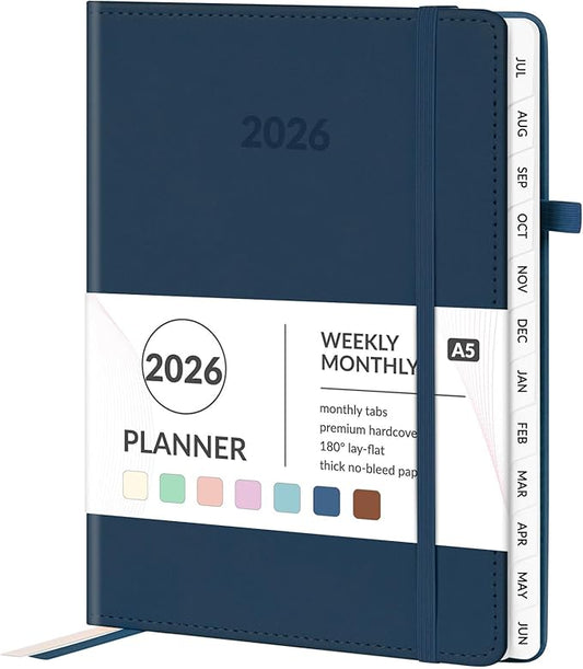 Forvencer 2026 Planner, Weekly Monthly Planners with Month Tabs, 12 Months (Jan 2026 - Dec 2026), A5(5.8"×8.3"), Daily Academic Calendar with Elastic Band, Small Hardcover Agenda, for Teacher, School
