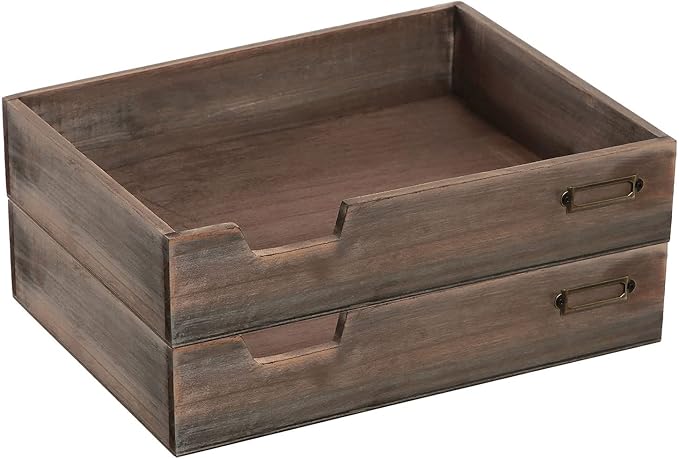 MyGift Set of 2 Vintage Distressed Finish Brown Wood Stackable Office Desktop Document Letter Paper Tray