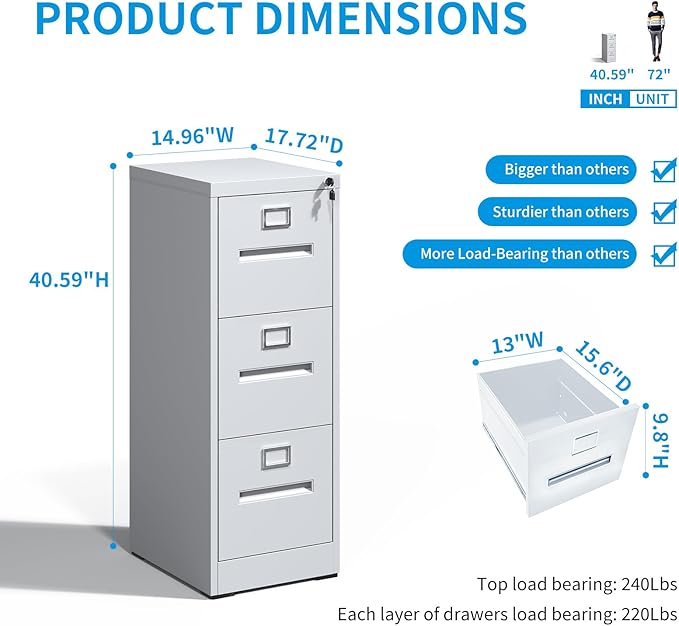 3 Drawer File Cabinet with Lock, Metal Vertical Filing Storage Cabinet for Home Office, Locking Vertical File Cabinets for A4 Legal/Letter Folders, Silent Sliding Drawers, Easy Assemble (White)