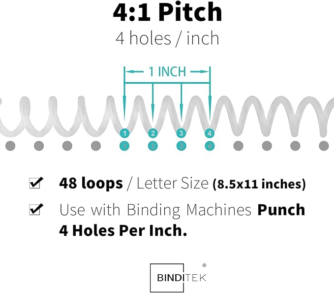 Binditek 50 Pack Plastic Spiral Binding Coils, 6mm(1/4"), 30 Sheet Capacity, 4:1 Pitch, White, 48Loops, for Letter Size, for Students and Coworkers