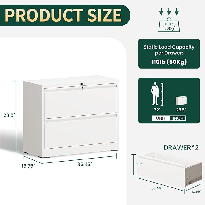 Lateral File Cabinet with Lock, Metal File Cabinets for Home Office Legal/Letter A4 Size, File Cabinet with 2 Drawer Storage Cabinet, Require Assembly, White