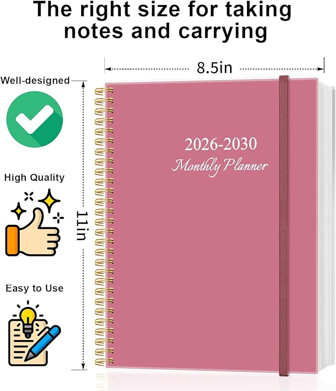 2026-2030 Monthly Planner - 60 Month PLanner Calendar from January 2026 to December 2030, 5 Year Planner 2026-2030 with Flexible Cover, Inner Pocket, Perfect for Home | School | Office, 8.5" x 11", Pink