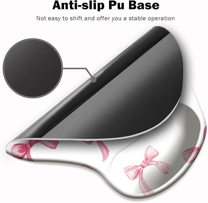 Ergonomic Mouse Pad with Wrist Support,Mouse Pad with Wrist Rest and Coaster Set,Office Supplies Non-Slip Mouse Pads for Desk, Non-Slip Comfortable,Pink Bow
