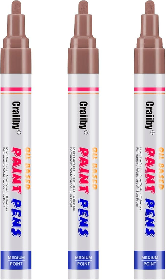 Brown Paint Markers, 3 Pack Oil-Based Waterproof Quick Dry Permanent Paint Pen Set for Rocks Painting, Wood, Fabric, Plastic, Canvas, Glass, Mugs, Metal, Tire, Stone, DIY Craft