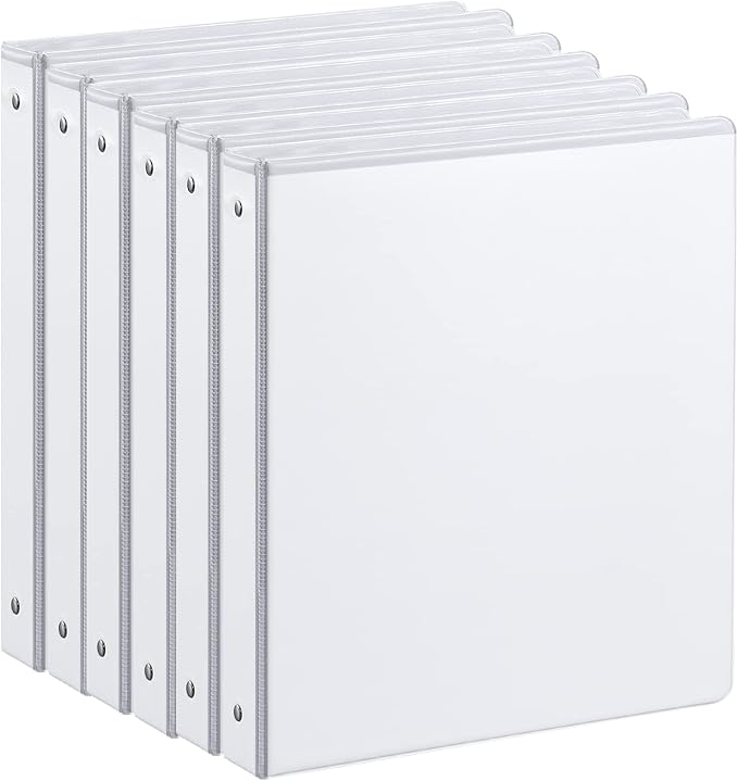 1-inch 3 Ring Binder with 2 Interior Pockets, 1'' Basic Binders Holds US Letter Size 8.5'' x 11'' Paper - Versatile Binders for Office, Home, and School Use, 6 Pack (White)