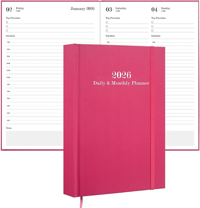2026 Daily & Monthly Planner - 2026 Daily Planner One Page Per Day from January 2026 to December 2026, 5.8'' x 8.3'' Hourly Appointment Book Perfect Organizer Daily Life, Fabric Cover, Pink