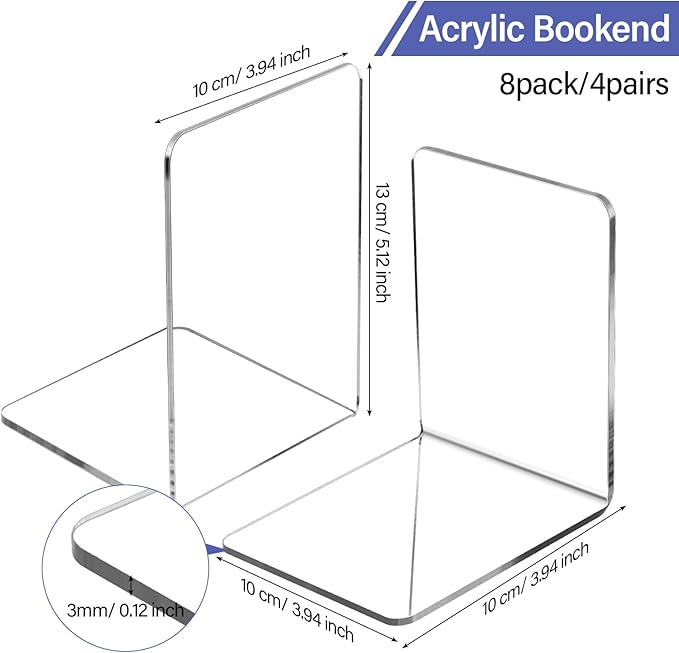 Yulejo 8 Pcs Clear Acrylic Bookends Heavy Duty Book End L Shaped Dividers Book Stopper for Shelves Office Library Home Movies Cds File