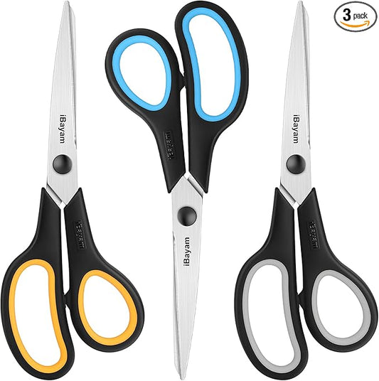 Scissors All Purpose, iBayam 8" Heavy Duty Scissors Bulk 3-Pack, 2.5mm Thickness Ultra Sharp Blade Shears with Comfort-Grip Handles for Office Home School Sewing Fabric Craft Supplies, Right/Left Hand