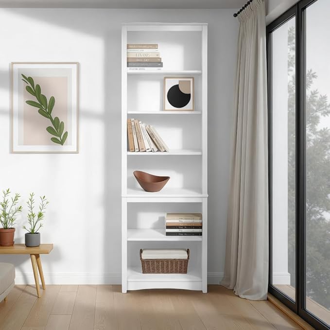 Prepac Sonoma Tall 6-Tier Bookcase 80"H with 2 Adjustable Shelves, White Storage Cabinet, Modern Display Cabinet, Bookshelf with Storage Shelves for Home Office, Living Room, Bedroom Organizer