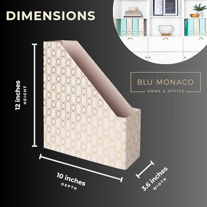 BLU MONACO Set of 4 Foldable Cute Magazine File Holders with Gold Label Holders – 2 Pink & 2 Aqua with Fun Gold Geometric Patterns – Stylish & Durable Magazine Storage for Home & Office