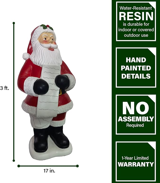 Fraser Hill Farm Traditional Santa Statue Holding List, 36 Inches Tall | Resin Santa Claus Figure Perfect Indoor/Outdoor Decoration for Porches, Living Rooms, and Dens | FFRS036-0SC-RD, Red, White