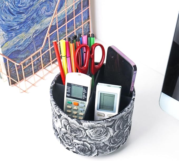 QIELIZI Round Leather Art Supply Organizer,Remote Control Holder,360 Degree Rotating,Multi-Functional Pencil Holder,4 Compartments Desktop Stationary Organizer(1-3D Black Grey)