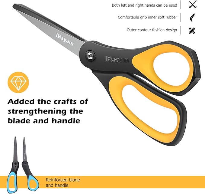 Scissors, iBayam 3 Pack 8" All Purpose Nonstick Scissors, 2.5MM Thickness Titanium Blades with Comfort Grip, Heavy Duty Shears for Office School Home Classroom General Use Art and Craft DIY Supplies