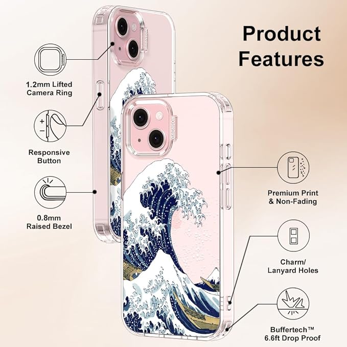 MOSNOVO Case for iPhone 15 Plus/iPhone 14 Plus, [Buffertech 6.6ft Military-Grade Drop Protection] [Anti Peel Off Tech] Clear TPU Bumper Phone Case Cover Design - Great Wave