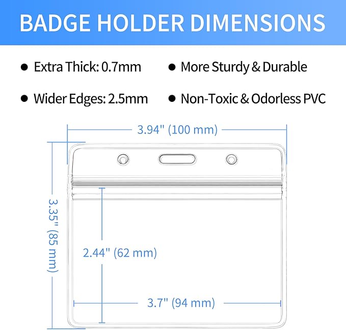 50 pcs Clear Horizontal ID Badge Holder, Waterproof Plastic Name Tag Sleeve with Resealable Zip, 2.44" x 3.7"Card Protector for Nurse, Teacher, Student, Office, School Use