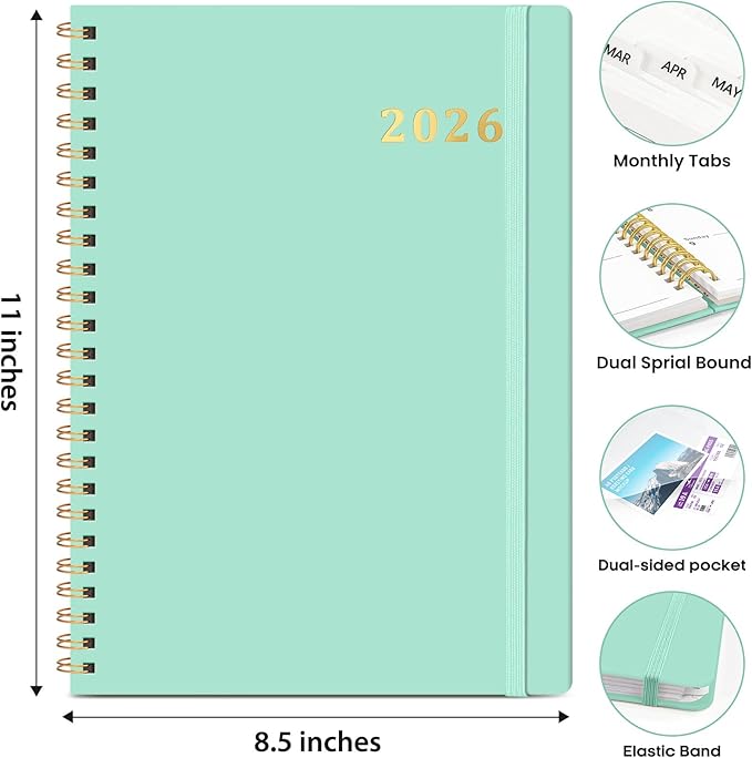 2026 Planner 8.5" x 11", Weekly and Monthly Calendar Planner Book, January 2026 - December 2026, Hardcover Spiral Planner with Monthly Tabs, Notes Pages, Perfect for Women & Men, A4 - Mint