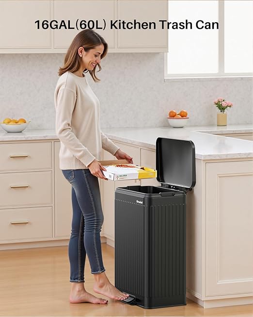 Lovewind 60 Liter/ 16 Gallon Stainless Steel Trash Can with Soft-Close Lid, Large Footstep Garbage Can with Roman Texture, Removable Inner Buckets, Recycling Bin for Kitchen Office, Black