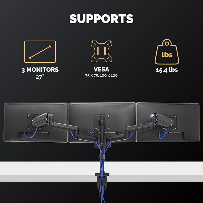 Fellowes Platinum Series Triple Monitor Arm for 27-Inch Monitors, Full Motion, 360° Rotation, VESA Mount with Grommet or Clamp, USB Ports, Ergonomic, Black, 8042601