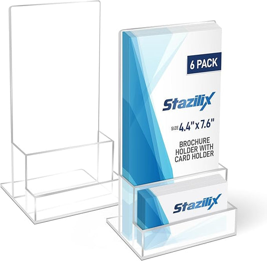 6 Pack Acrylic Brochure Holder 4‘’, Clear brochure and Business Card Holder, Plastic Flyer Display Stand for Magazine, Pamphlet, Booklets, Menu, Journals, Business Card