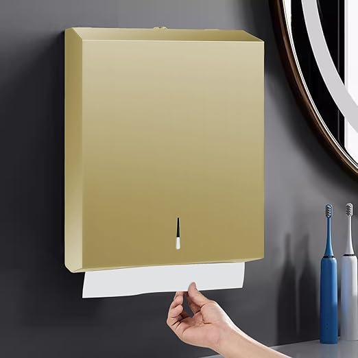 Paper Towel Dispenser Wall Mount, Brushed Gold Stainless Steel Commercial Paper Towel Holder with Lock, Large Capacity 400 C Fold/525 Multifold Towels