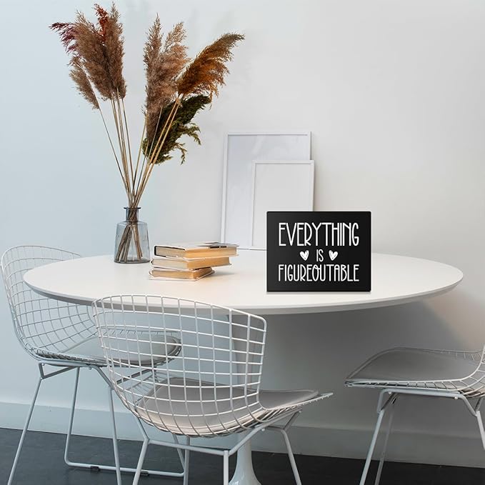 Everything Is Figureoutable Wooden Box Sign Decorative Inspirational Farmhouse Wood Box Sign Home Office Decor Motivational Gift Rustic Square Desk Decor Sign for Shelf 6 x 8 Inches Black
